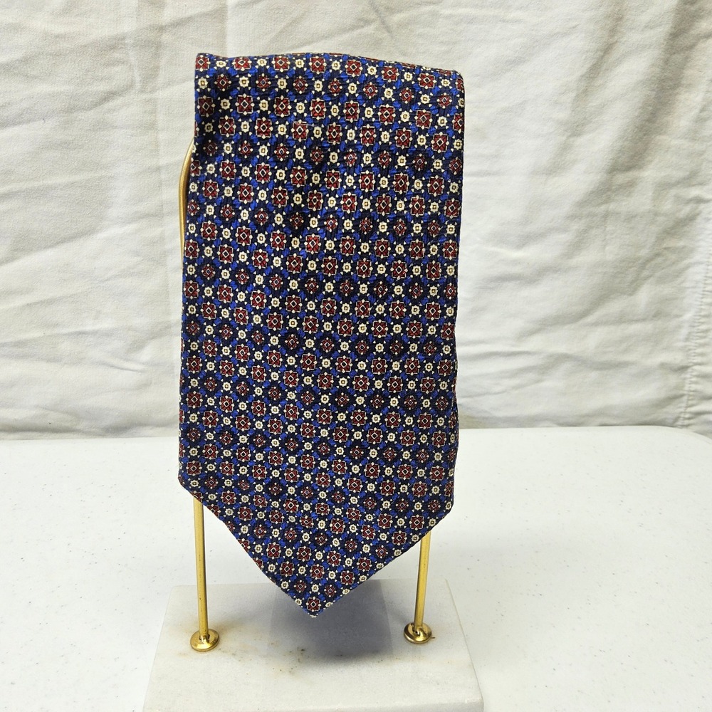 Handmade Silk Necktie‎ Mens Navy Blue Burgundy Geometric Medallion Made in USA